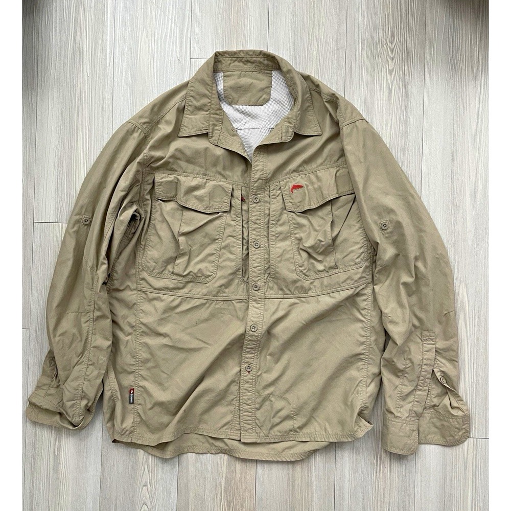 Simms Men's Beige Solid Long Sleeve Button-Up Shirt Size L Pockets Fishing Gorp